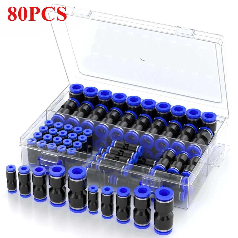 80Pcs Industrial Pneumatic Quick Push Connectors Set, Air Tube Fittings for 4/6/8/10/12mm Air Hose, Pneumatic Accessories