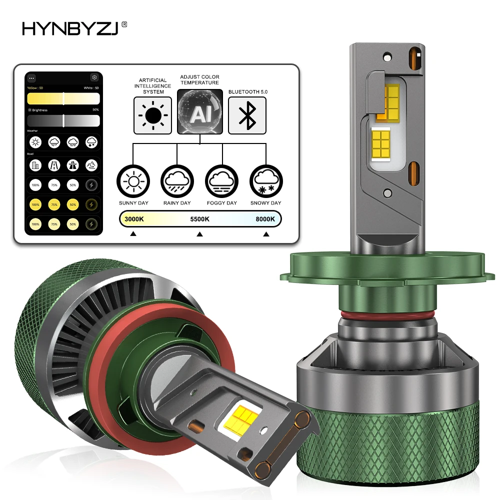 

HYNBYZJ H11 LED Headlight AI Mobile APP Control H7 1500W 3000K-8000K Smart LED Chip High Power for H4 9005 9006 Car Accessories
