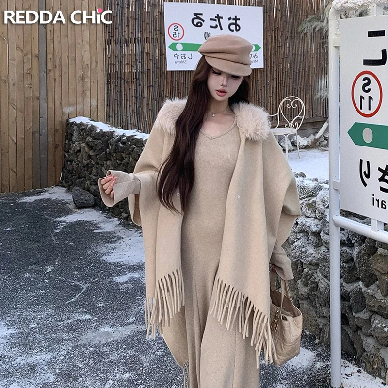 

REDDACHiC Women's Open Front Poncho Cape Detachable Faux Fur Collar Fringes Knit Shawl Wraps Cardigan Travel Fall Winter Clothes