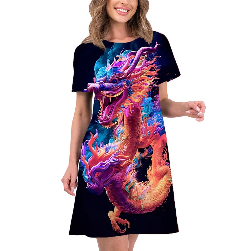 Vestido estampado de dragão feminino, manga curta, decote em O, solto, vestido em forma A, casual, vestidos de verão, novo, 2024