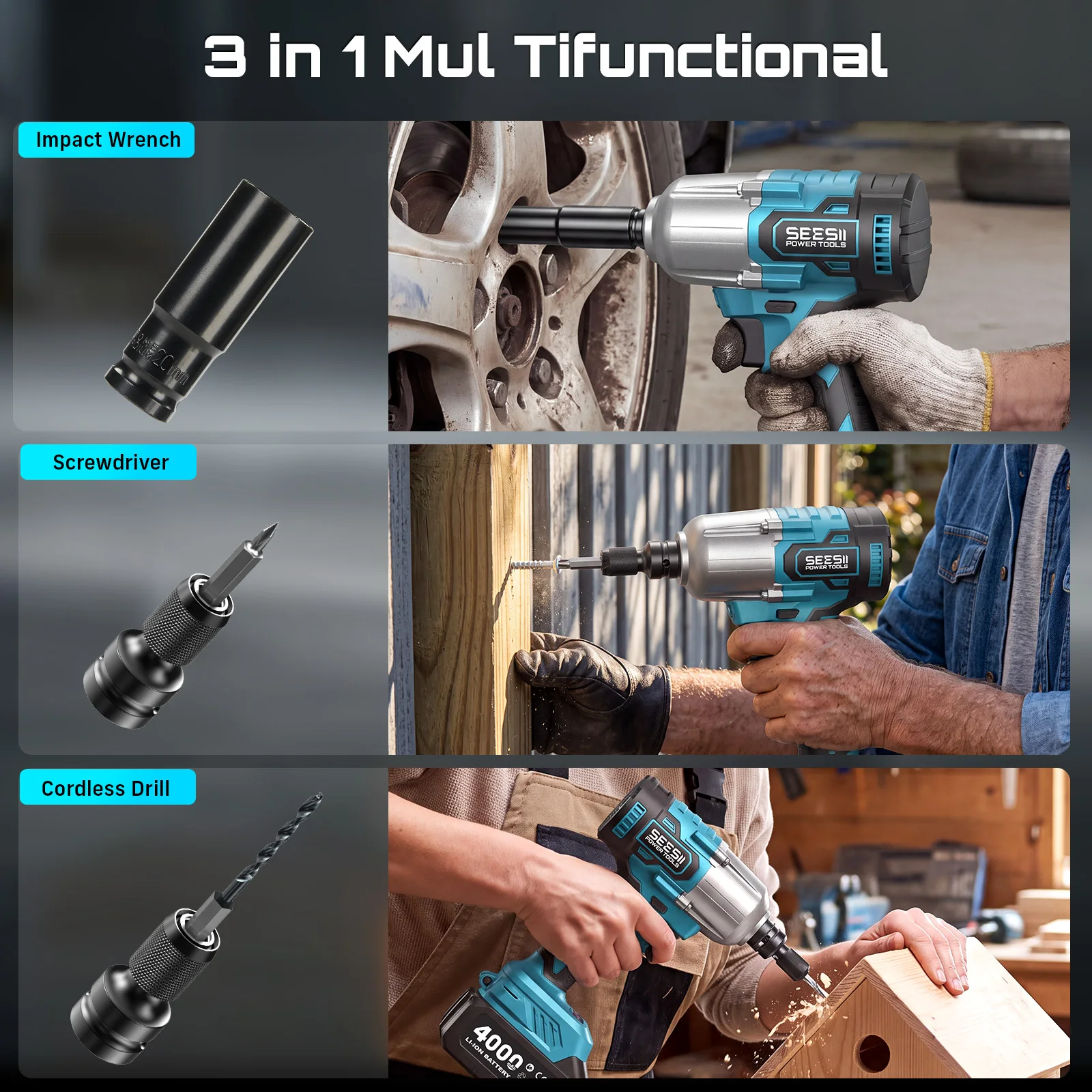 Seesii WH650 Pro 3-in-1 Impact Wrench & Screwdriver & Cordless Drill 1/2