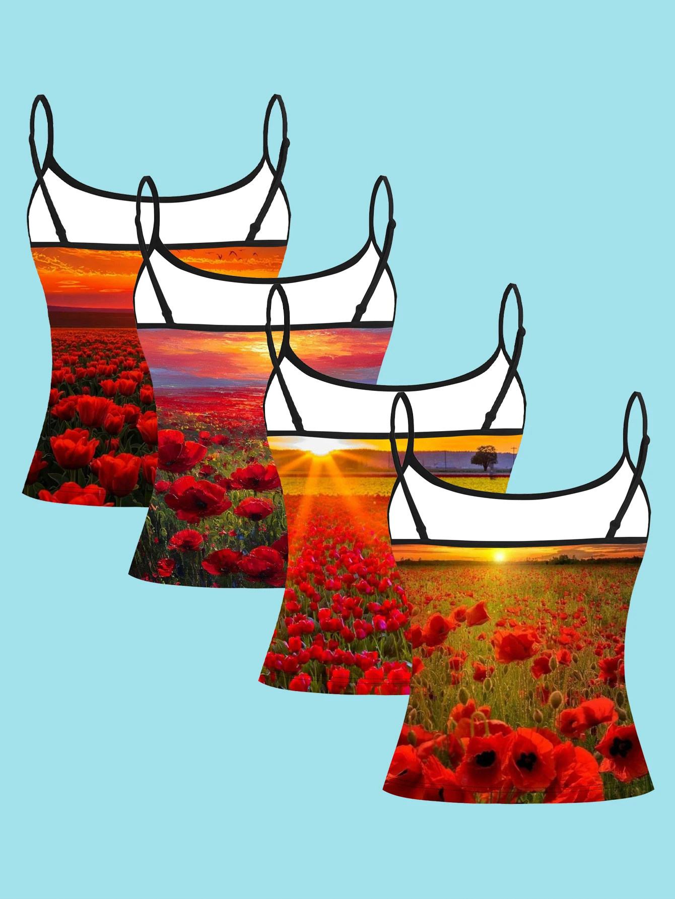 4-Piece Set of Sunset Floral Landscape Print Camisole for Women, Sunset Poppy Field Oil Painting Landscape Spaghetti Strap Waist-Cinching Slim-Fit Base Top, Cross-Border Vacation Casual Outerwear Camisole