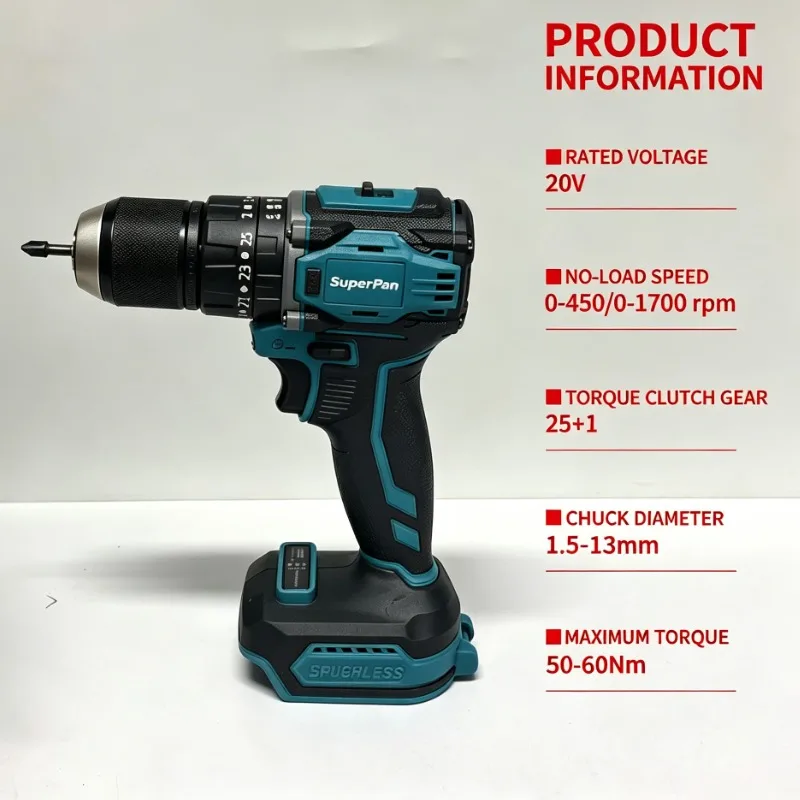 SuperPan Workshop Brushless Cordless Drill Bare Tool + Screwdriver Bits, Durable Power Drill for Construction & Maintenance