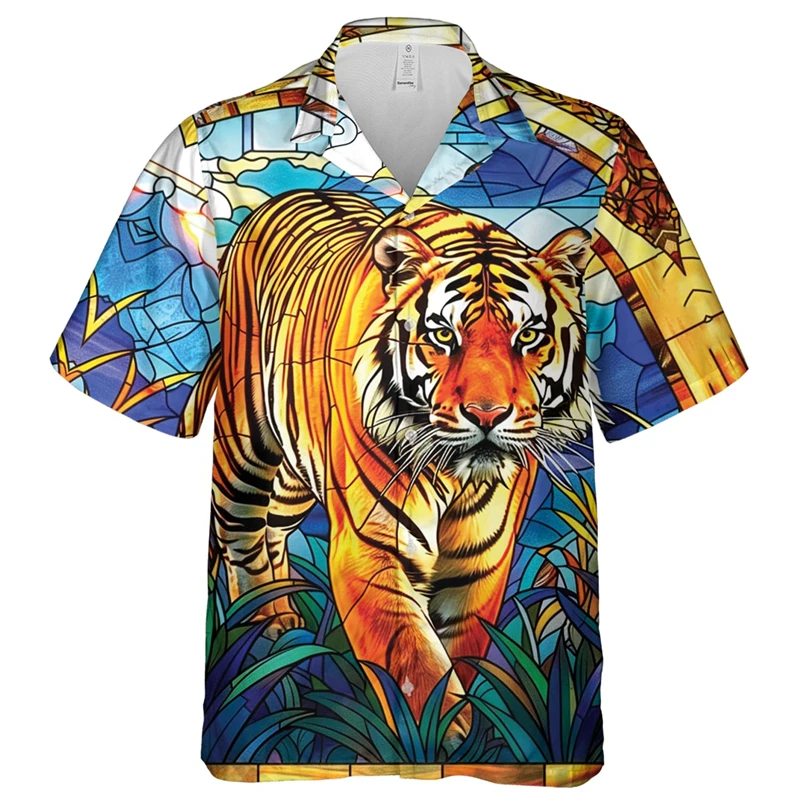 Hawaiian Beach Tiger Graphic Shirts For Men Clothing Funny Animal Surfing 3D Printed Short Sleeve Holiday Party Y2k Tops Blouse