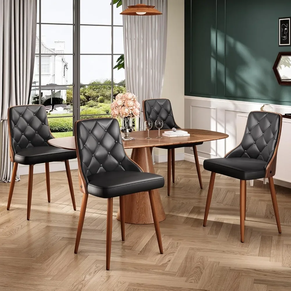 Dining Chairs Set of 4, Mid Century Modern Kitchen and Dining Room Chairs, Upholstered PU Leather Accent Chairs with Walnut Back