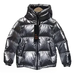 Down Jacket  Silver/Black Waterproof Hooded Parka Children Loose Warm Coats