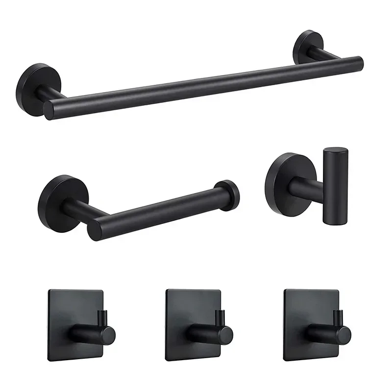 5/6PCS Black Bathroom Hardware Set Accessories Stainless Steel Towel Rack Toilet Paper Holder Hook Bathroom Shelf Organizer Set