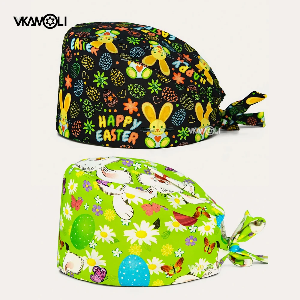 Happy Easter Scrub Caps Frauen und Männer Bouffant Scrub Hut Pflege zubehör grüne Krankens ch wester Hut Haustier Pflege Agentur Arbeits kappe