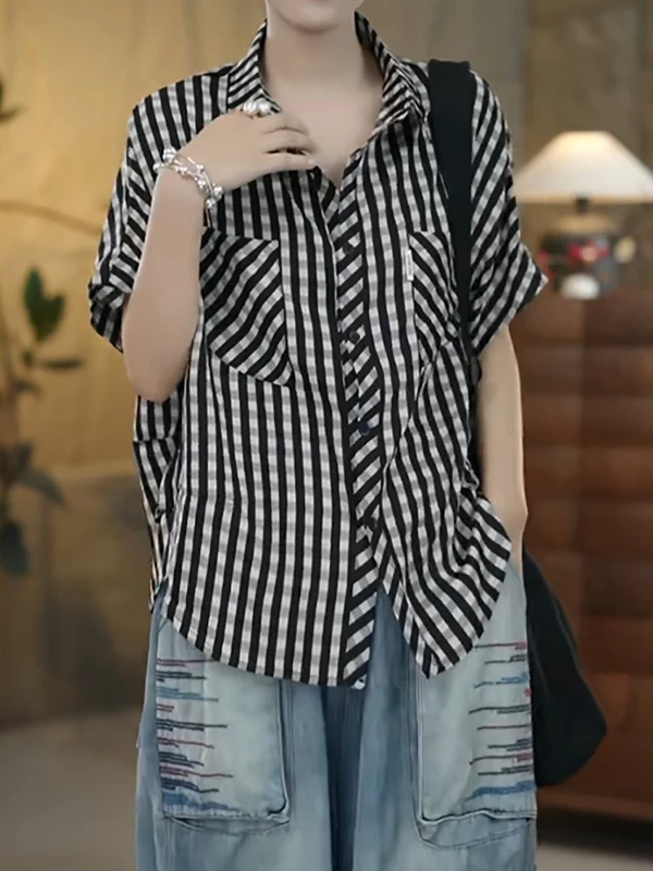 

Модная свободная повседневная рубашка в клетку больших размеров с коротким рукавом для женщин, летняя, стройнящая, скрывающая недостатки фигуры, в корейском стиле, для офиса и повседневной носки