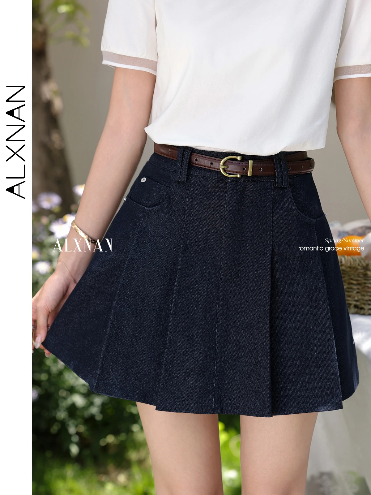

ALXNAN Women's Mini Skirt Dark Blue Pleated High-waist Denim Skirt 2025 Summer Elegant Cotton Casual Ladies Clothing New L55727