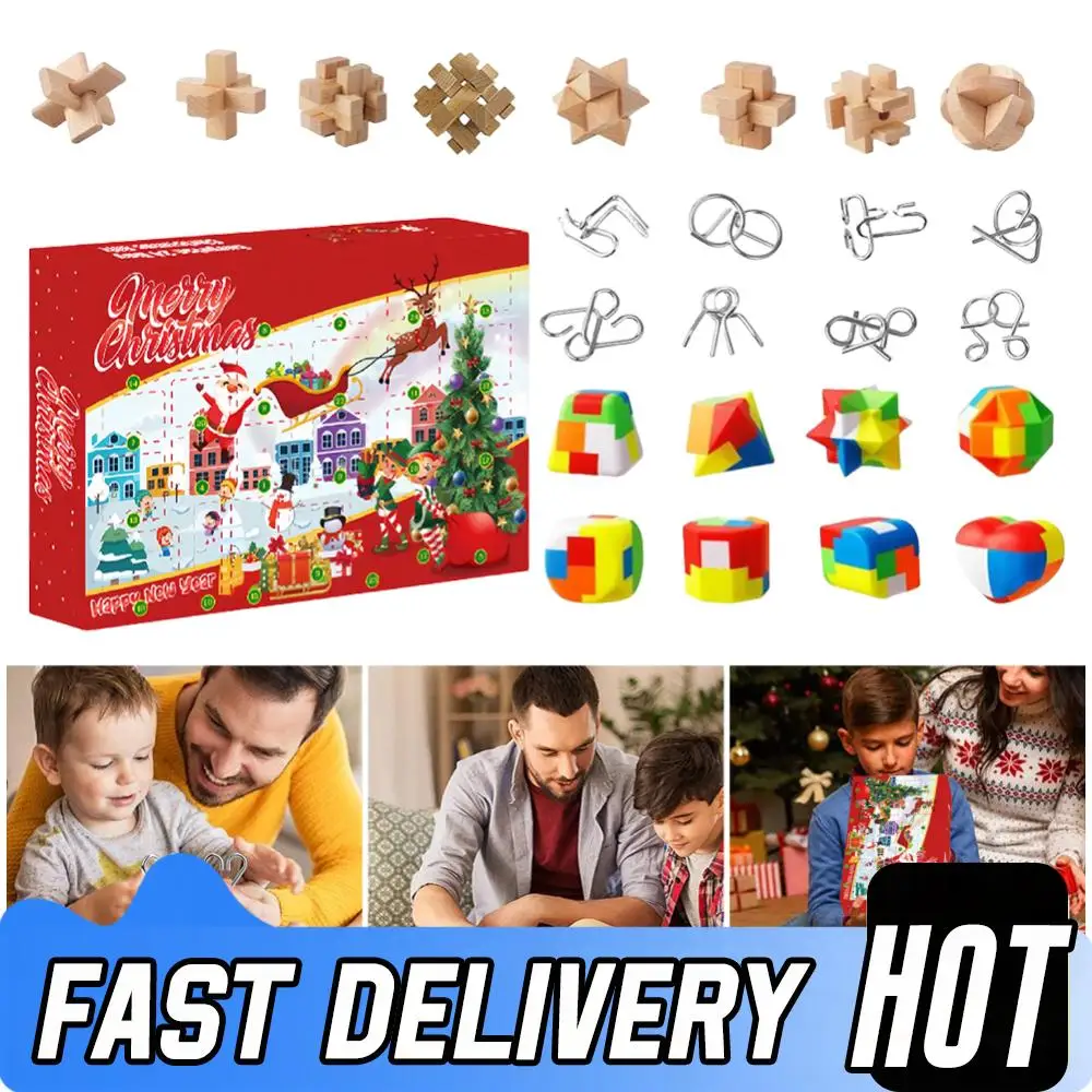 Quebra-cabeça de metal natal advento calendário presentes caixa de plástico metal quebra-cabeça de madeira natal contagem regressiva calendário caixa cérebro teaser brinquedo fidget