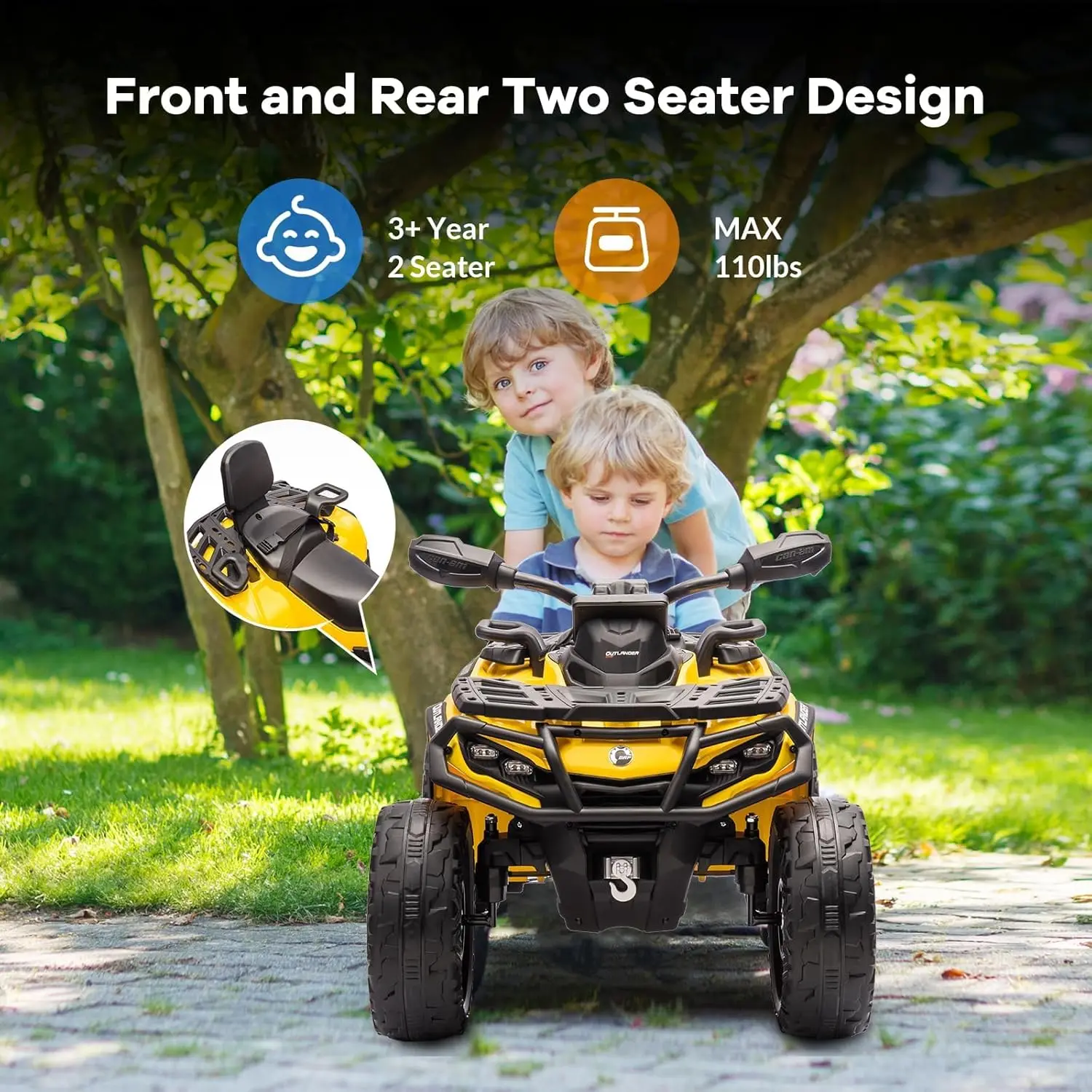 24V 4WD 2-zits elektrische ATV voor kinderen, met leren stoelen, veiligheidsgordel, Bluetooth, 1,86-4,79 MPH, voor jongens en meisjes