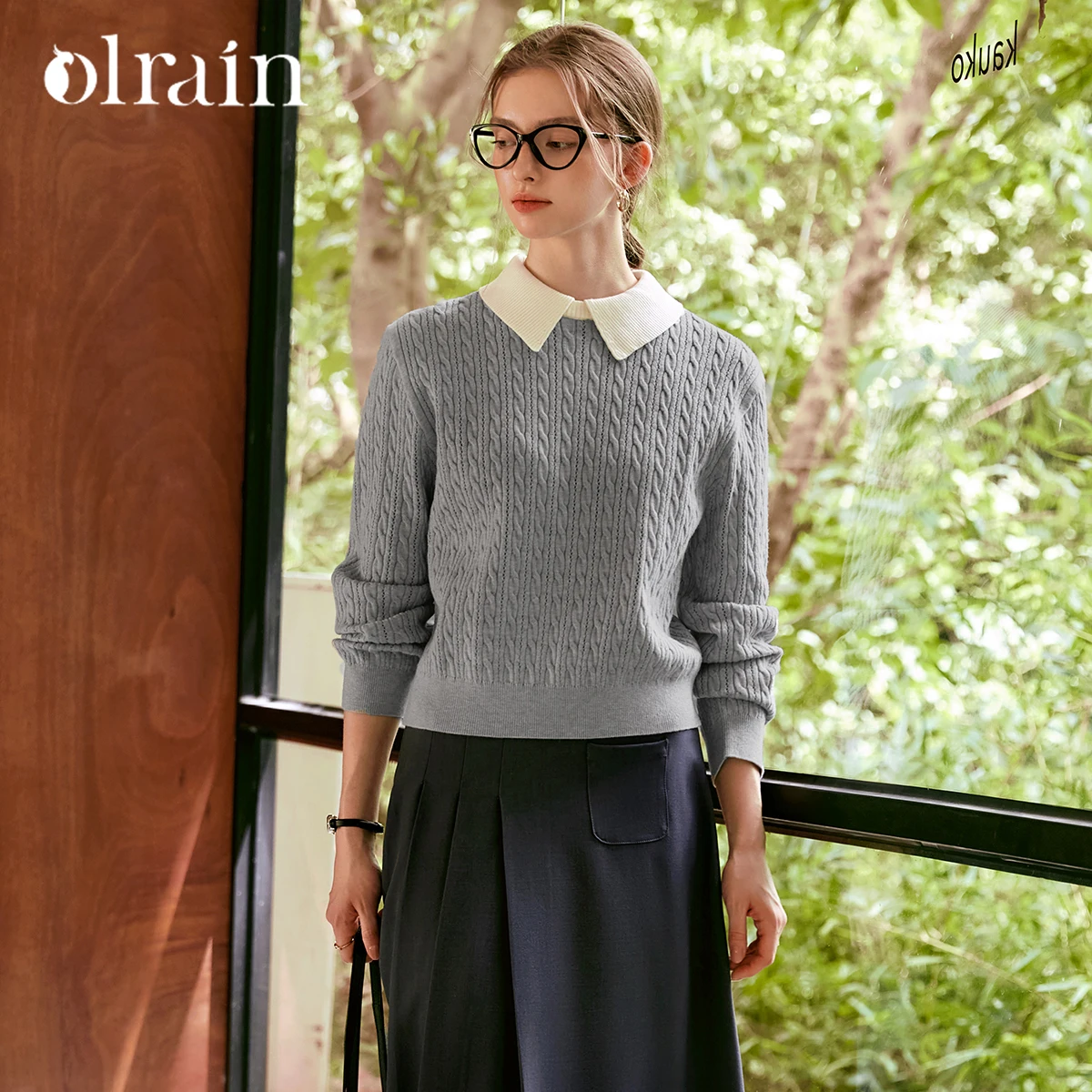 OLrain Maglione lavorato a maglia grigio francese Maglieria 2 in 1 da donna 2025 Maglione pullover a maniche lunghe lavorato a maglia con risvolto a contrasto N56QZ86501