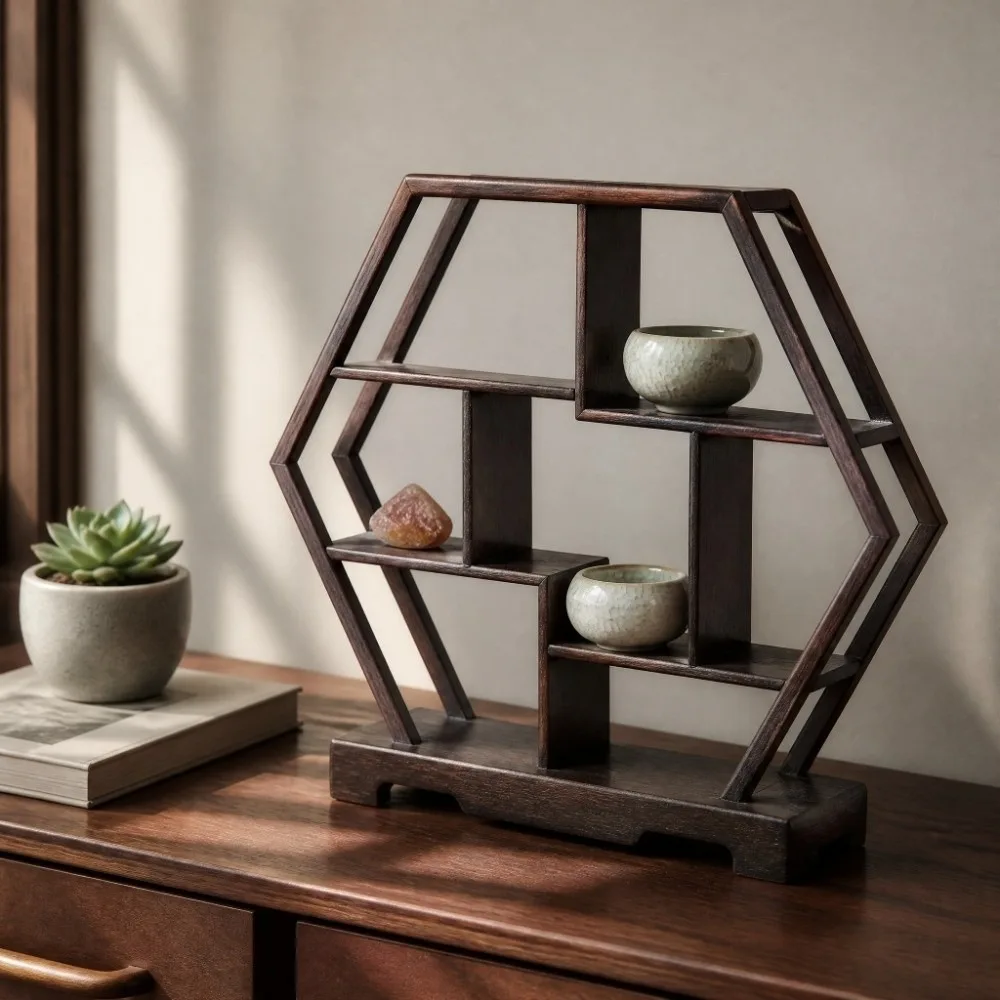 Chinese Hexagonal Display Rack Rosewood Carving Crafts Curio Cabinets 12 Inch Diameter Flower Pot Rack Desk