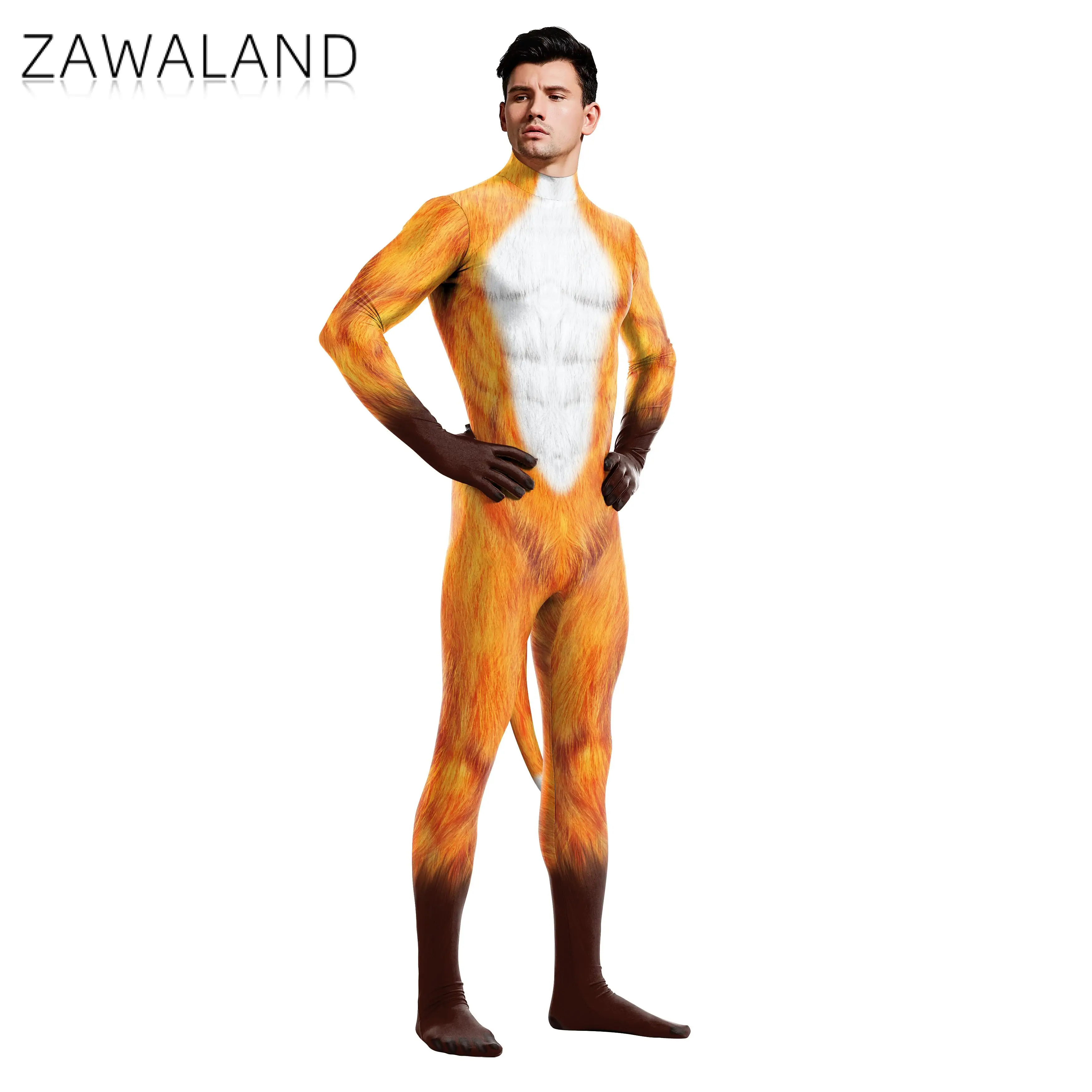 Zawaland هالوين كامل تأثيري ازياء Masculino غطاء كامل الثعلب مطبوعة الخيال Catsuit الكبار Zentai عبودية العضلات دعوى