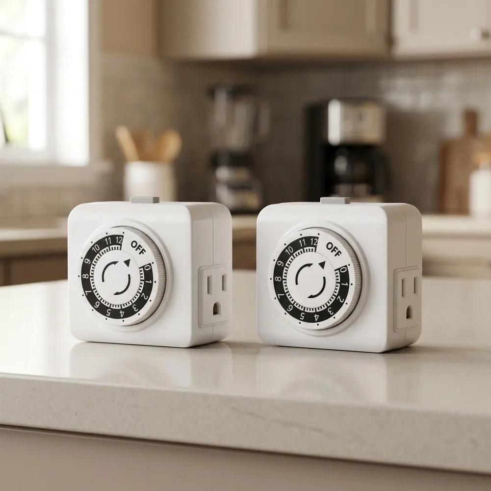 2 Pack White Mechanical Timer Socket 24 Hour Indoor Timer for Kitchen Office Home Lighting Control ABS Material