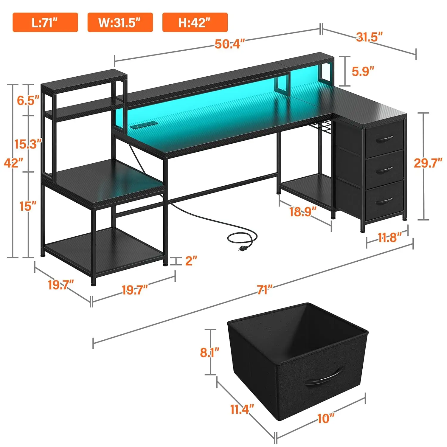 L Shaped Gaming Desk with Integrated Monitor Shelf for 2 Monitors & Speakers, Side Storage Racks, 71 Inch, Black, Customized