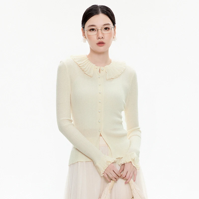 

Женский кардиган из шерстяной смеси в нежном стиле с воротником-рюшами, зима 2025, эксклюзивно онлайн, стандартный и удлиненный рукав