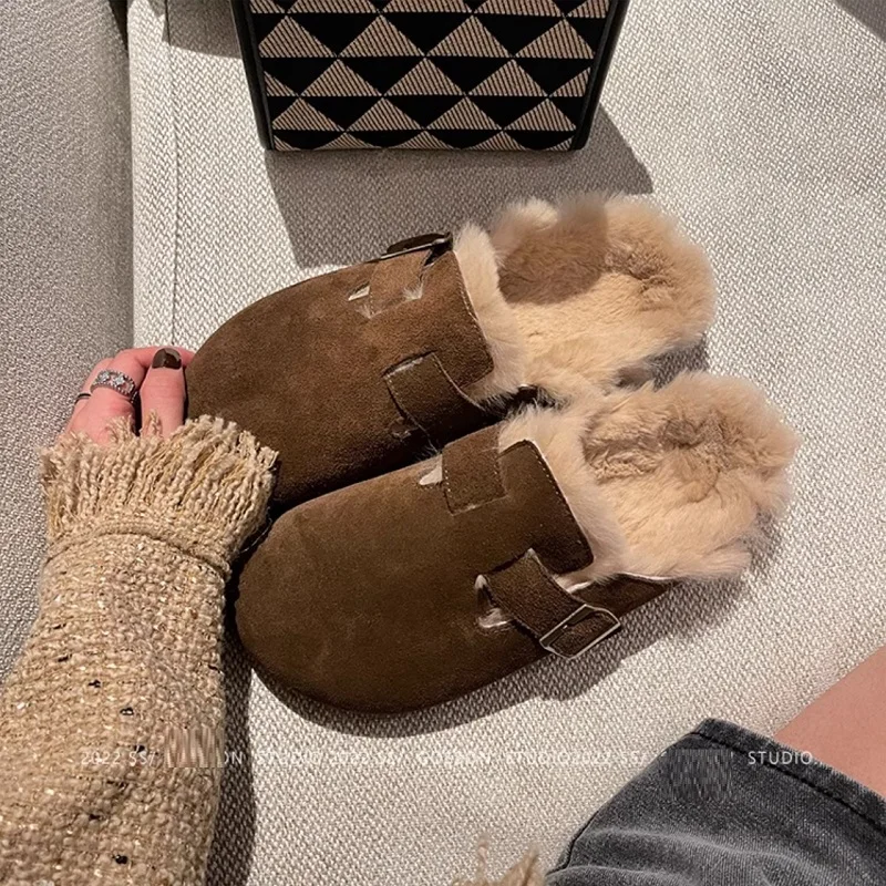 Women\'s Fur Flats Slippers Brand Mules Slip On Winter Shoes Designer Warm Shoes Outwear Buckle Slippers Cow Suede Spring Shoes