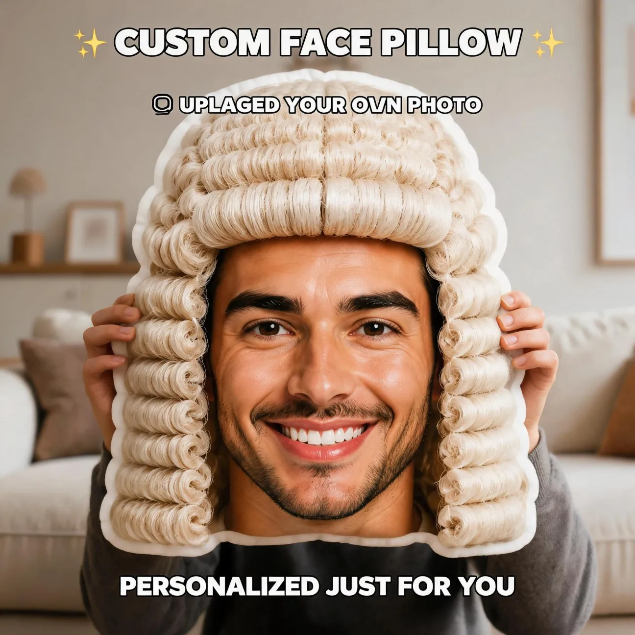 Custom Face-Shaped Pillow, Smiling Man in Judge Wig Personalized Photo Decorative Cushion, Unique Home Decor Accent for Sofa & B