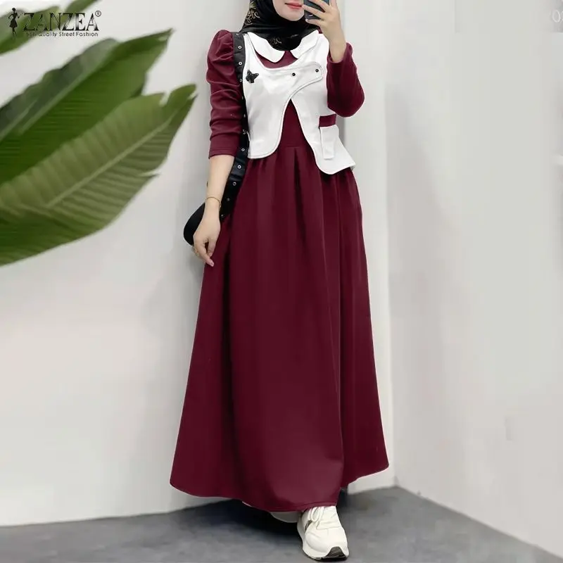 

Стильное женское мусульманское платье-абайя ZANZEA с пэчворком, элегантное платье с отложным воротником и длинными рукавами, повседневный кафтан, платье-хиджаб для Рамадана