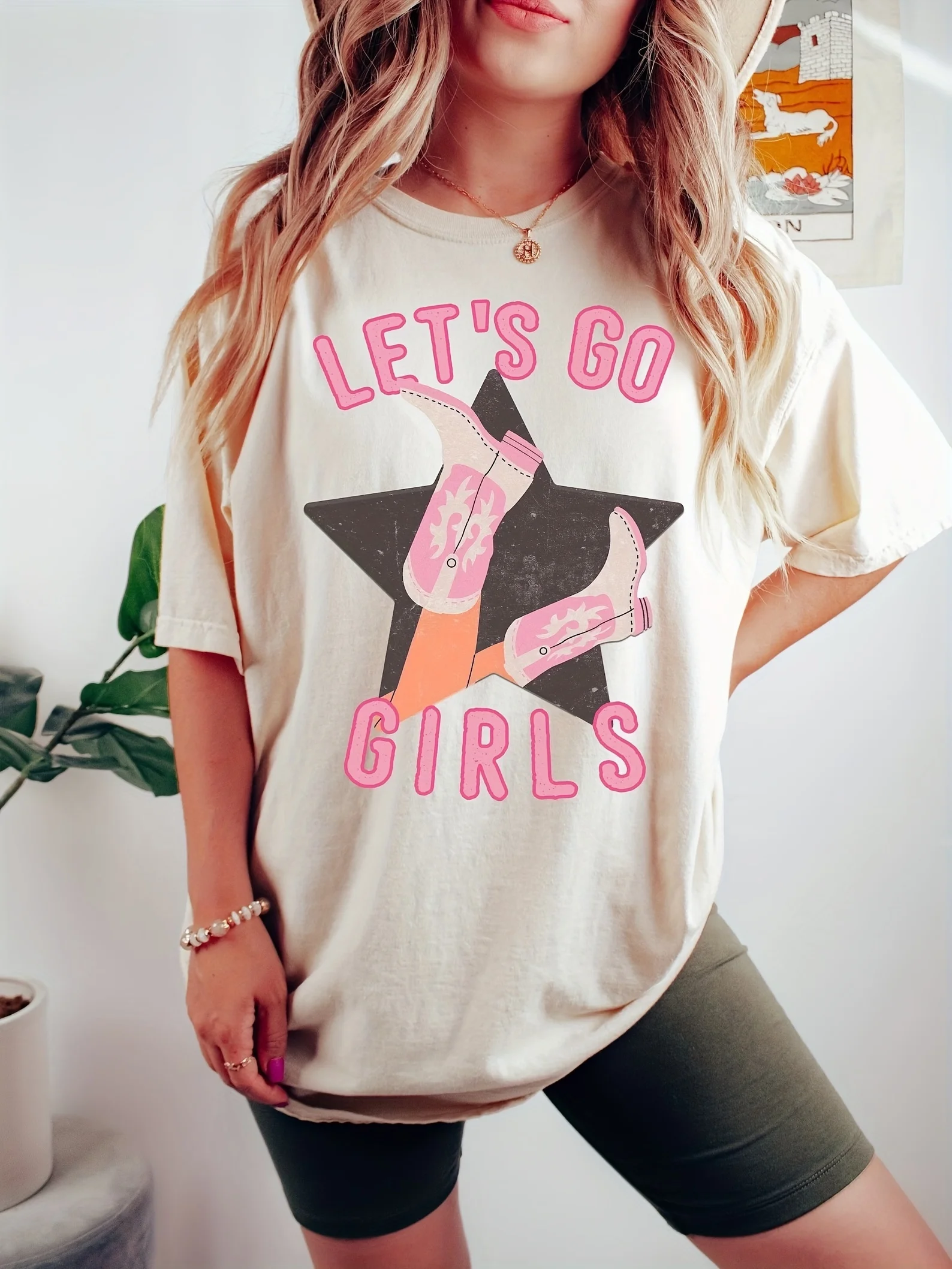 1191Lets Go Girls Star & Letter Print Crew Neck T-Shirt, Casual Short Sleeve Top For Spring & Summer, Women\'s Clothing