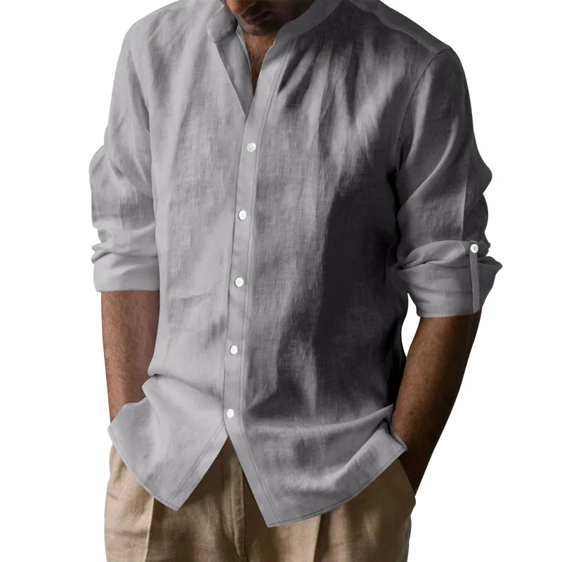 Amazon Cross-border Linen Shirt Men's Long Sleeve Stand Collar Breathable Henry Collar Casual Chinese Henry Top Men's