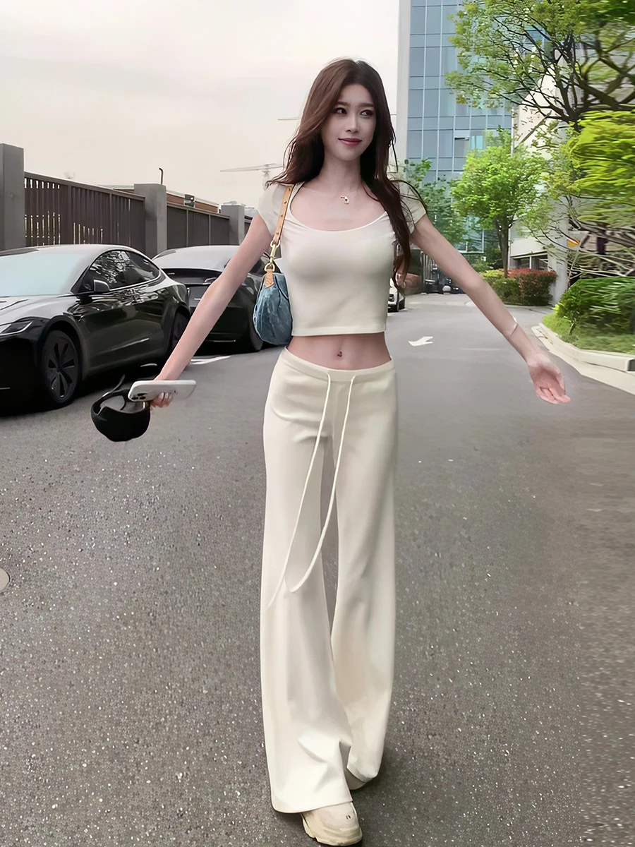 

Casual Sportswear Set Women Summer New Large U-neck Short Sleeve Slim Fit T-shirt Loose Straight Leg Breathable Wide Leg Pants