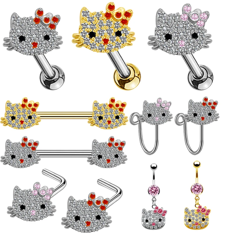 

1Pc Hello Kitty Kawaii Navel Ring Anime Fashion Girl Sanrios Diamond Stainless Steel Nose Nail Ear Studs Nasal Clip Jewelry Gift