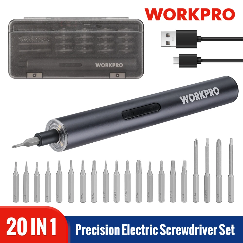 WORKPRO 20-in-1 Precision Electric Screwdriver Set 3.6V Power Tool Kit Rechargeable Wireless Mini Small Bits for Mobile Repair