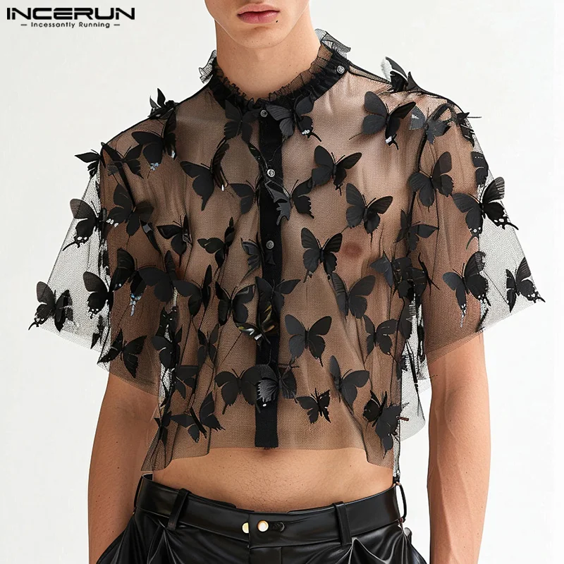 

Рубашка INCERUN мужская с воротником-стойкой, Повседневная Уличная одежда с короткими рукавами, сетчатая прозрачная, в стиле пэчворк, лето