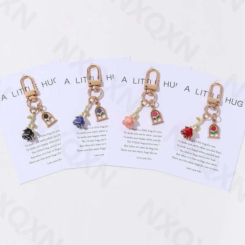Hübscher bunter Rosen-Emaille-Schlüsselanhänger, schöner Blumen-Schlüsselanhänger für Frauen und Mädchen, handgefertigtes Valentinstagsgeschenk-Schmuckset