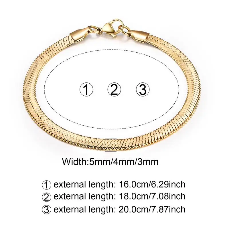 3/4/5mm Gold Plated Stainless Steel Flat Bracelet Waterproof Filmy Snake Chain for Men Women Classic Bracelets Jewellery