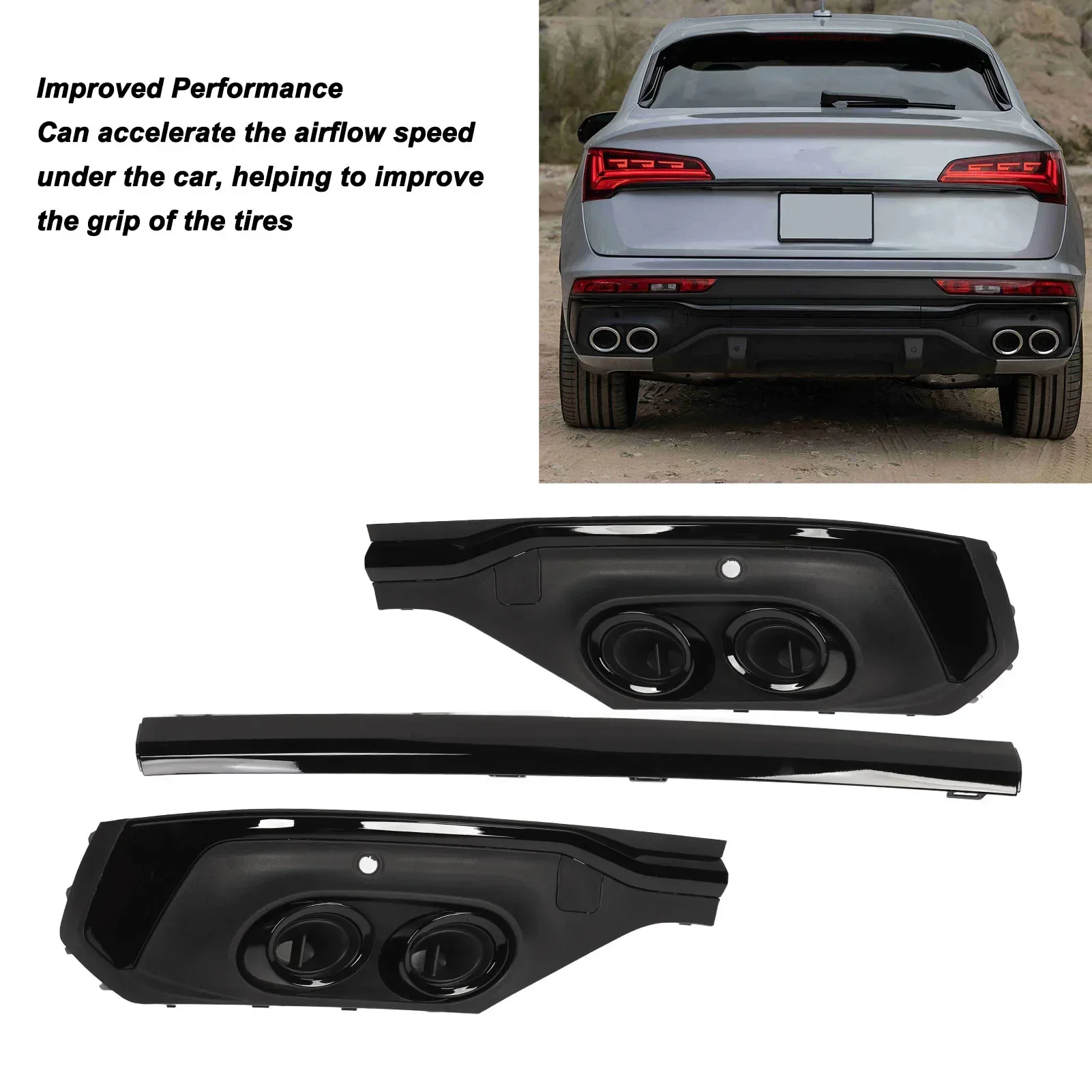 Black Rear Bumper Exhaust Pipe Diffuser Trim Glossy Black Lip Spoiler For Audi SQ5 Q5 Sportback 2021+