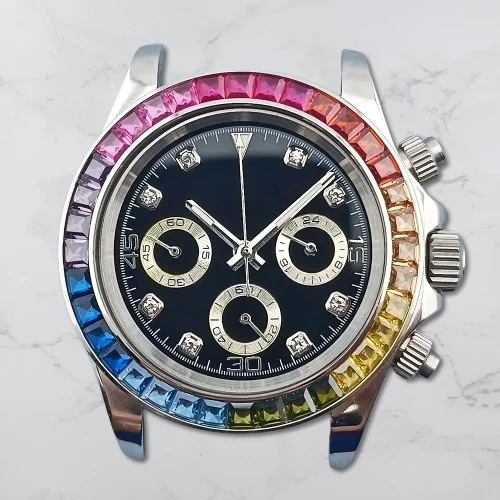 39.5mm Silver Watch Case Rainbow Bezel Luminous Panda Dial Fits VK63 Movement 316L Stainless Steel Sapphire Glass Waterproof