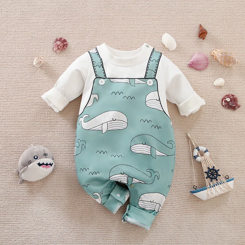 Spring And Autumn Boys And Girls Cute Cartoon Strap Whale Print Comfortable Casual Long Sleeve Baby Bodysuit