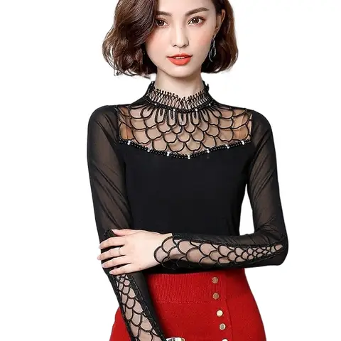 Women blouse shirt fashion long sleeve blouse Hollow out Lace tops Elegant Slim Patchwork