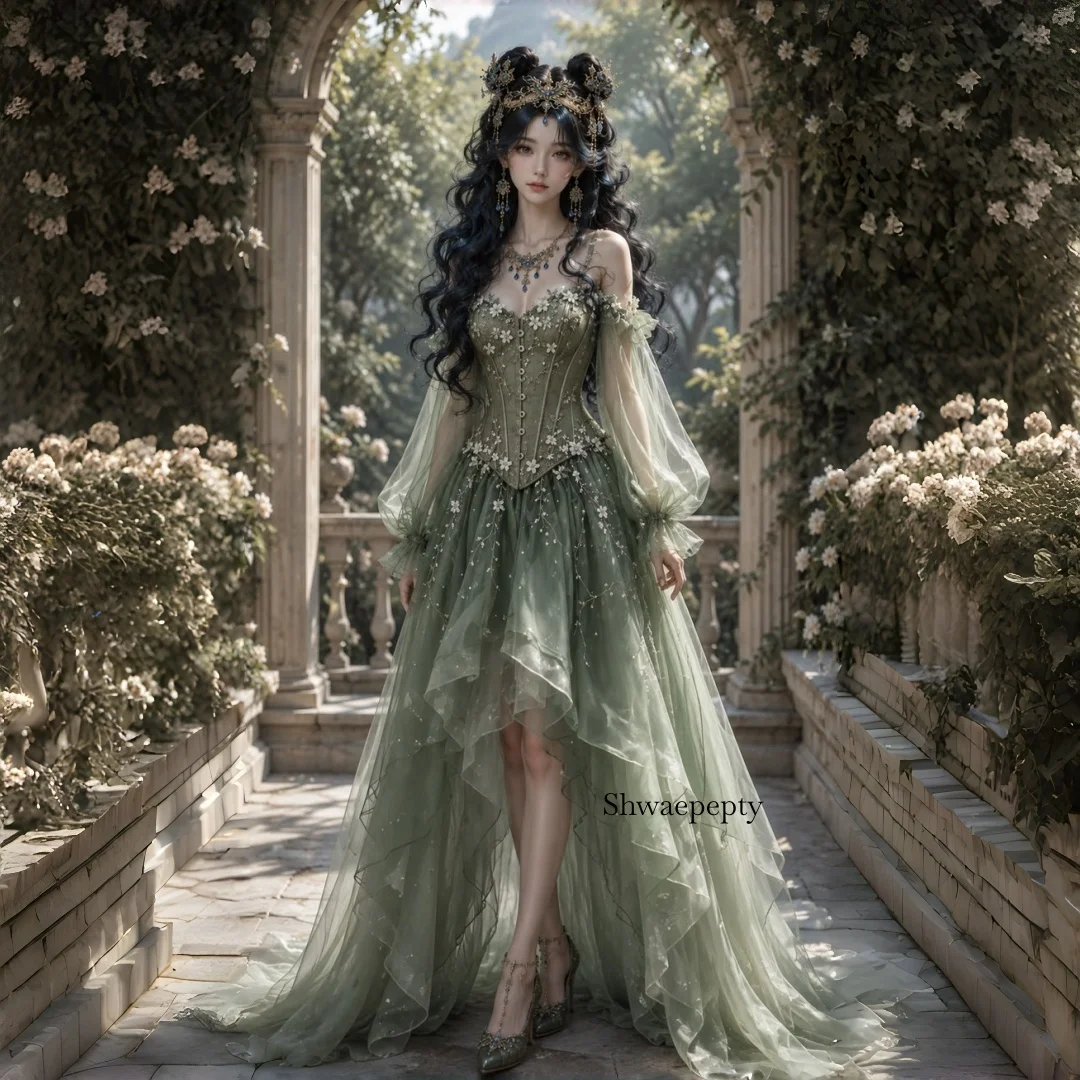 Sage Green Forset Fairy Wedding Dress Spaghetti Strap Bubble Sheer Sleeve 3D White Flower High Low Bridal Gown Customized