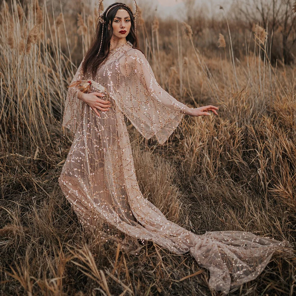 Vestido de fotografía de maternidad con lentejuelas doradas y mangas largas de murciélago para estudio, cuello en V, ilusión personalizada, vestidos bohemios para Baby Shower