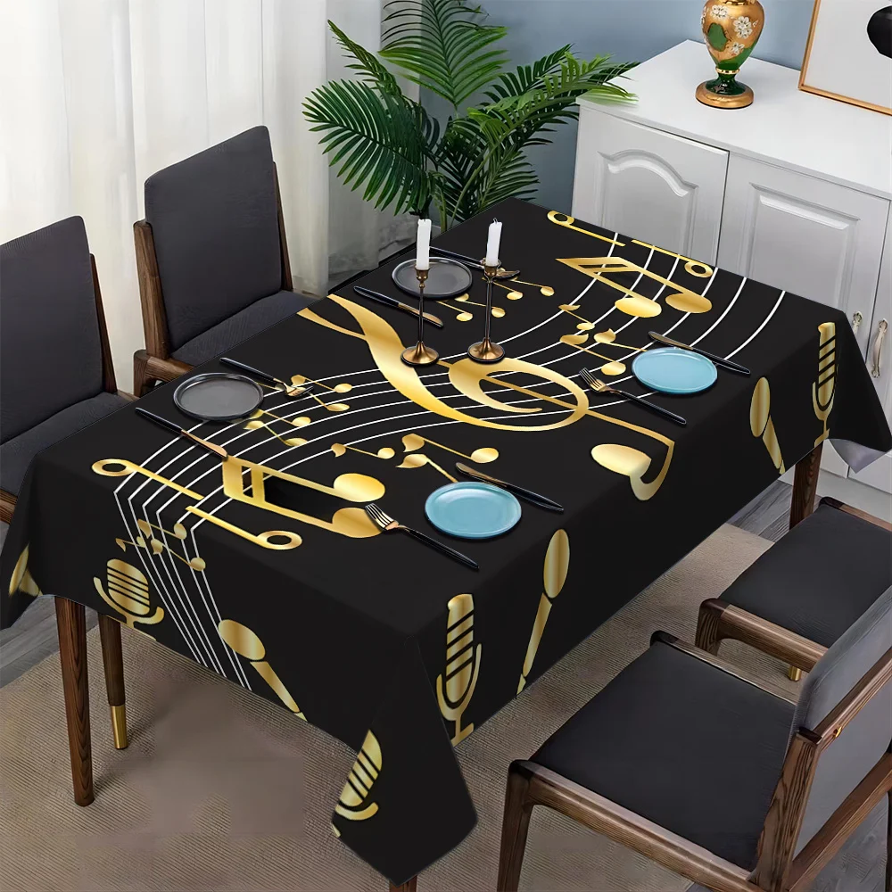 JIT/1pc tablecloth featuring golden musical elements (notes, microphones, etc.) design, suitable for kitchen tablesxzj