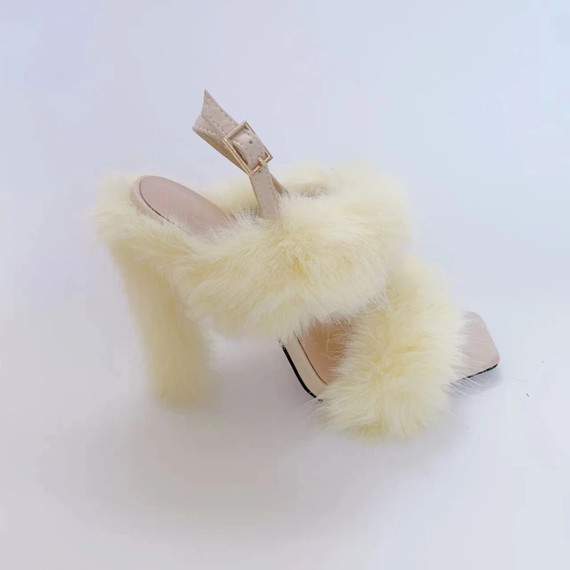 

Ярко-желтые, розовые босоножки на пушистом меху на массивном каблуке, с открытым носком, с пряжкой на спине и ремешком, тапочки с открытой пяткой, Sandalias Zapatos