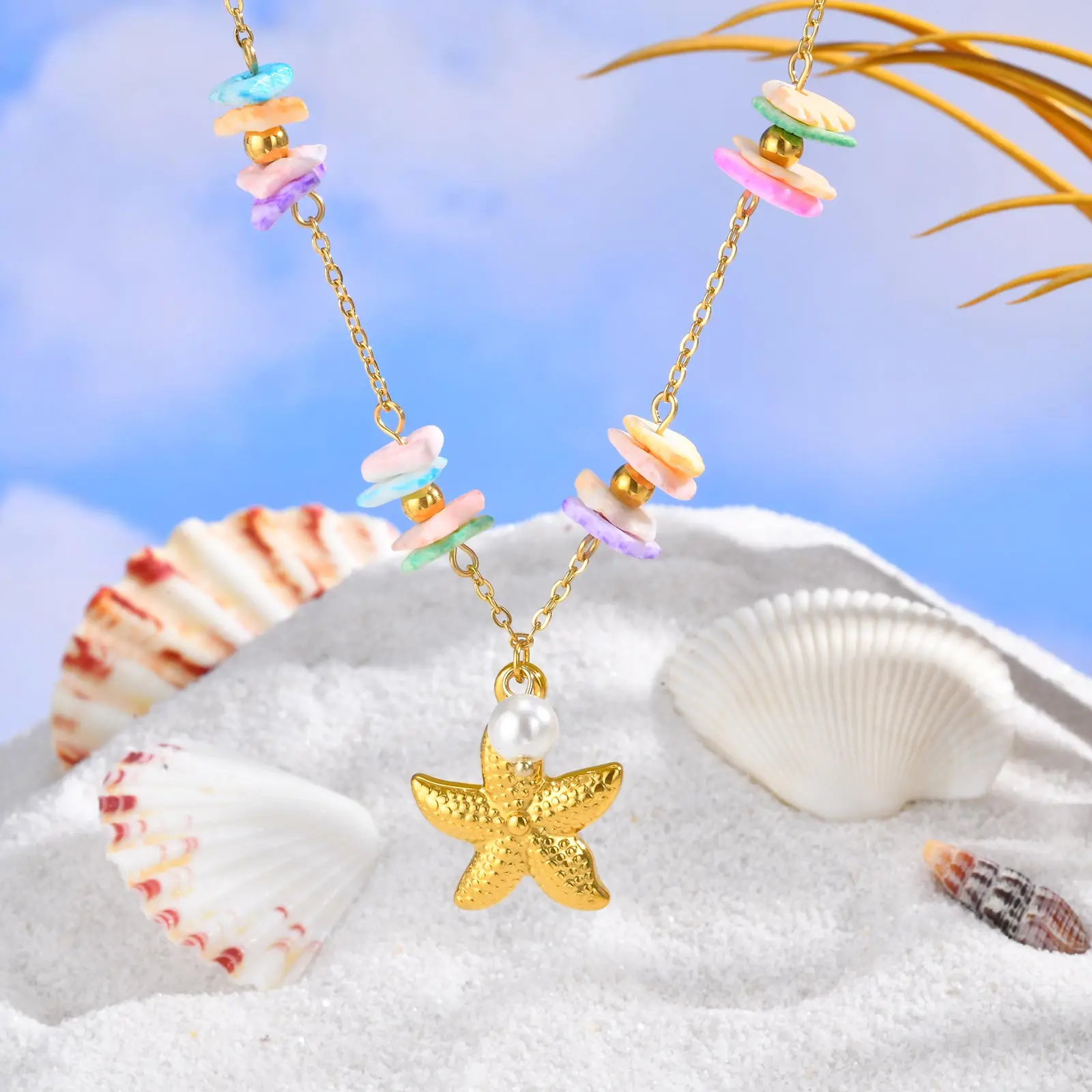 Kalung Bintang Laut Lembaran Persegi Warna-warni untuk Wanita, Kalung Musim Panas Warna Emas Baja Tahan Karat, Hadiah Perhiasan Gaya Laut