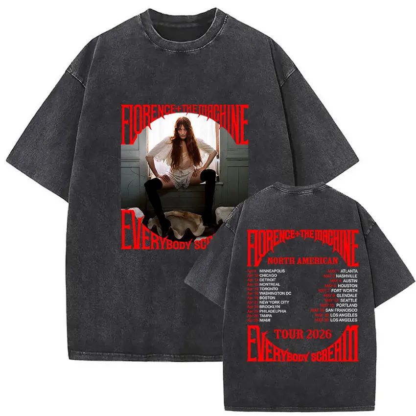 Florence The machine Everybody Scream Tour 2026 Vintage Washed t-shirts Men Women Pop Fans Fashion Clothing short sleeve t shirt