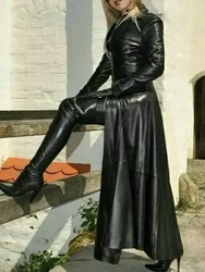 Frauen Vintage Kunstleder Mantel lange Jacke große Kunstleder Trenchcoat Herbst Retro Mantel Mode Damen Outfit