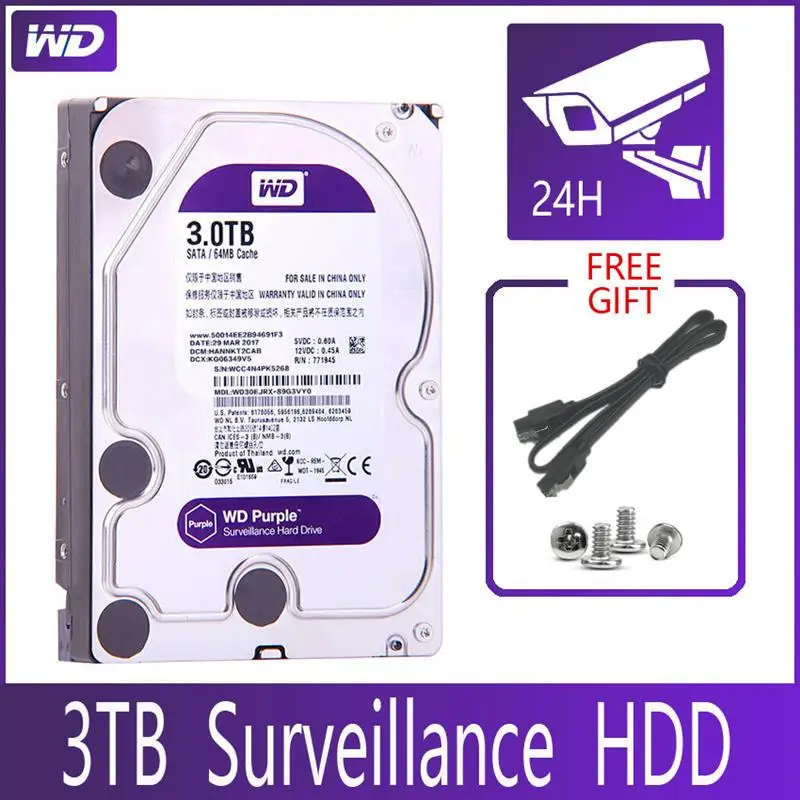 To WD PURPLE Surveillance 3TB Hard Drive Disk SATA III 64M 3.5