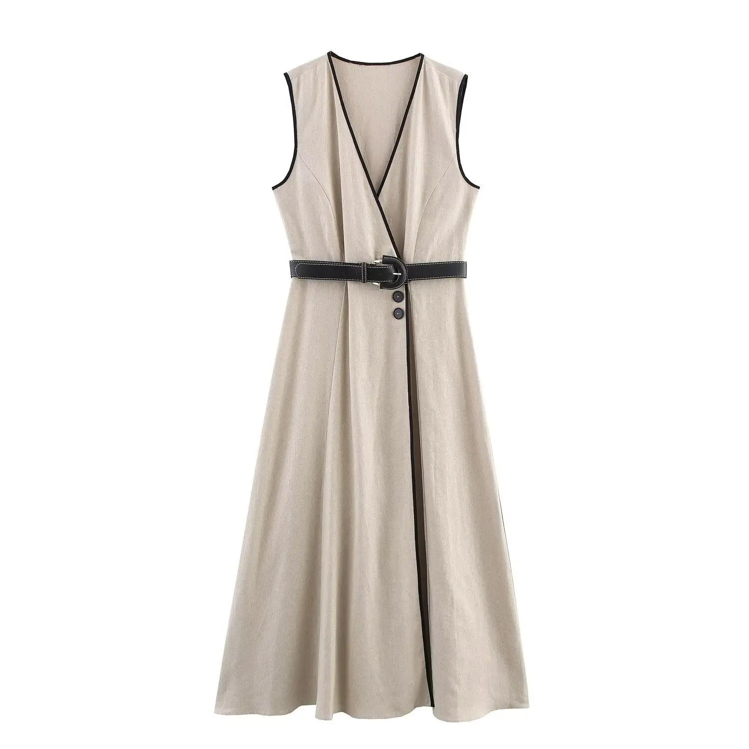

Women's Summer Elegant Midi Dress Sleeveless V-neck Belted Blend Open-lined Embellished Pleated Dresses For Office Lady