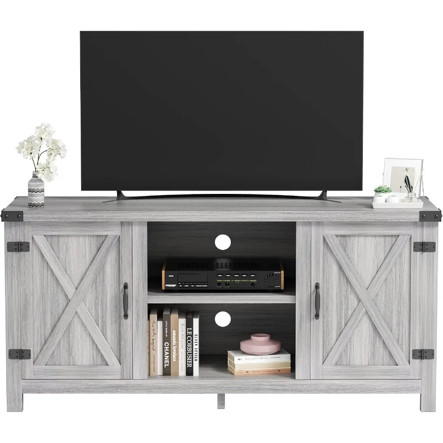 65 Inch TV Farmhouse TV Stand with Double Barn Doors Grey