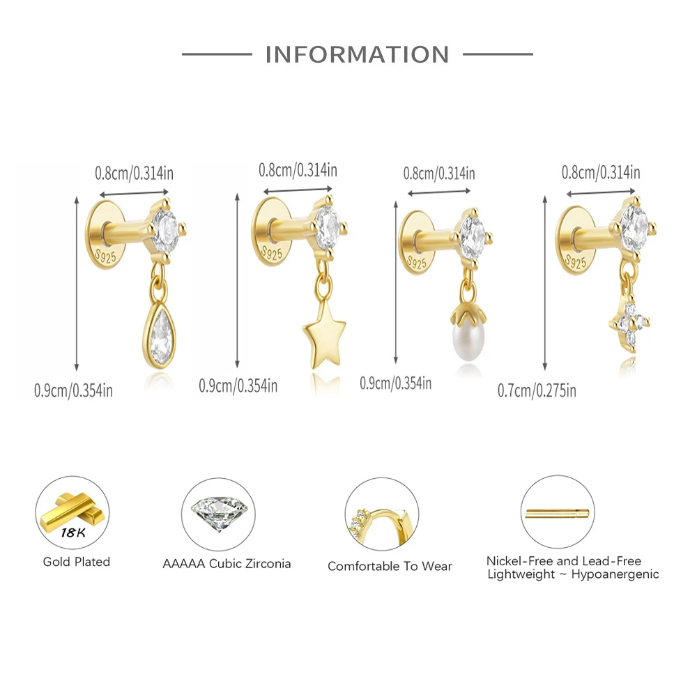 4PCS Tiny Star Teardrop Pearl Charms CZ Cartilage Stud Earrings Set for Women Multiple Piercing Mini Flat Back Ear Jewelry Stack