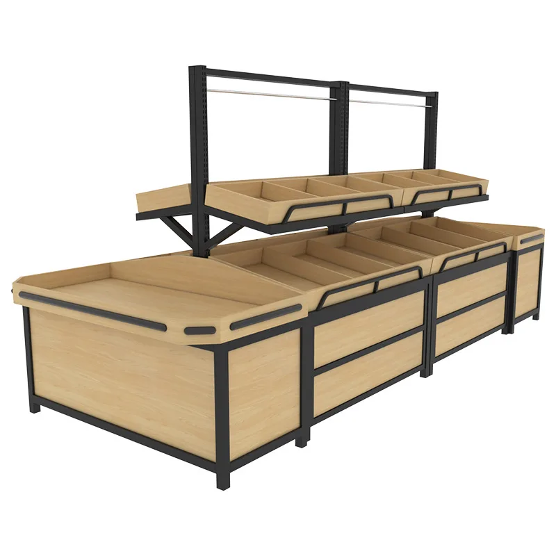 custom.Custom Double-Sided Heavy Duty Steel Wood Adjustable Back Fruit Vegetable Snacks Dried Fruit Display Shelves Rack Cabinet