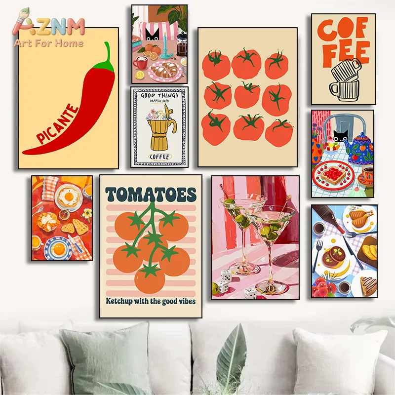 AZNM Colorful Retro Food Canvas Wall Art Print, Tomato Chili Coffee Martini Breakfast Cute Black Cat Kitchen Dining Room Trendy